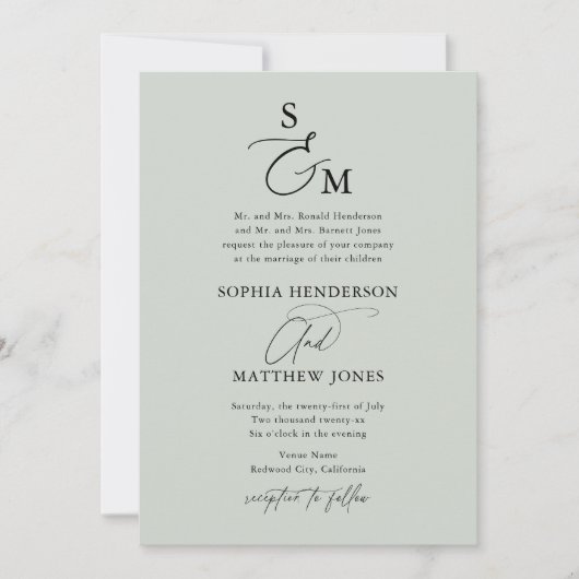 Sage Green Calligraphy Monogram formele bruiloft Kaart (Voorkant)