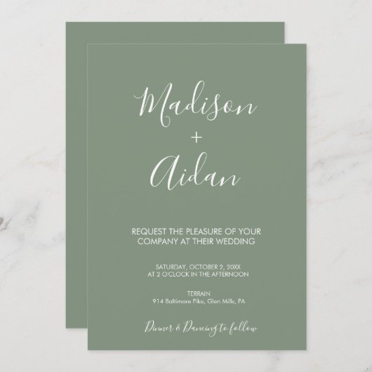 Sage Green Calligraphy Wedding Invitation Kaart (Voorkant / Achterkant)