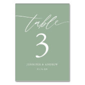 Sage Green Calligraphy Wedding Table Number Kaart (Achterkant)