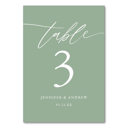 Sage Green Calligraphy Wedding Table Number Kaart (Voorkant)