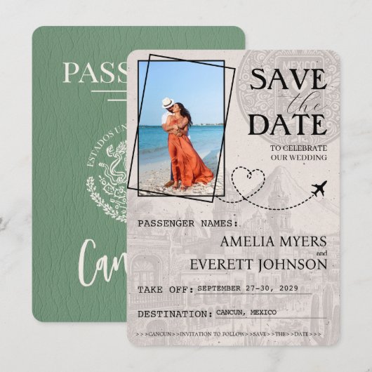 Sage Green Cancun Passport Bewaar de datum Save The Date (Voorkant / Achterkant)