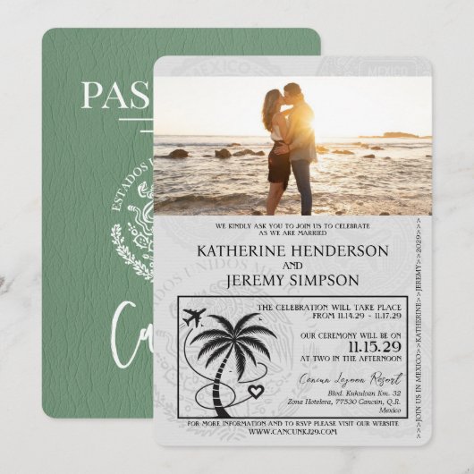 Sage Green Cancun Passport Wedding Kaart (Voorkant / Achterkant)