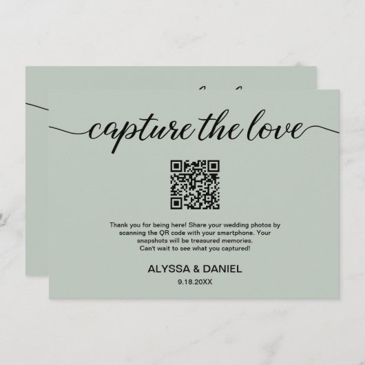 Sage Green Capture de liefde QR code bruiloft foto Informatiekaartje (Voorkant / Achterkant)