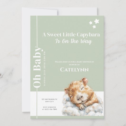 Sage Green Capybara Baby Shower Invitation Save The Date (Voorkant)