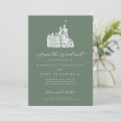 Sage Green Castle Illustratie Weekend Wedding Save The Date (Staand voorkant)