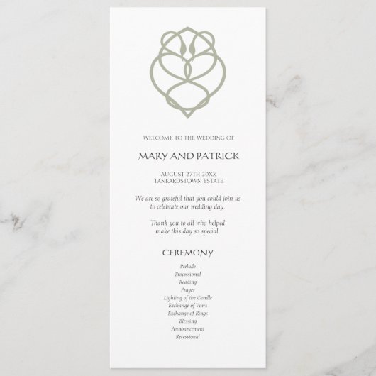 Sage Green Celtic Irish Swan Love Knot Wedding Programmakaart (Voorkant)