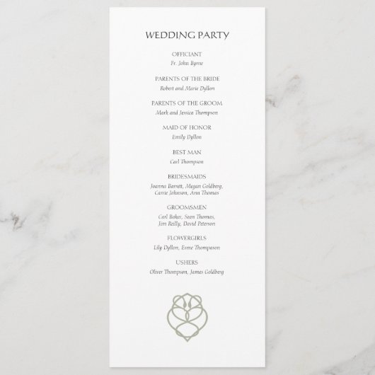 Sage Green Celtic Irish Swan Love Knot Wedding Programmakaart (Achterkant)