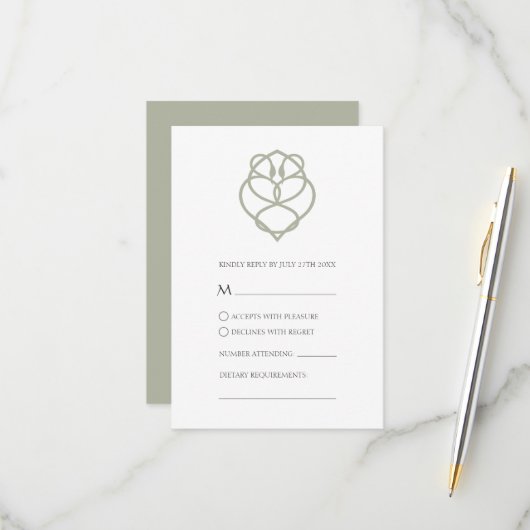Sage Green Celtic Irish Swan Love Knot Wedding RSVP Kaartje (Voorkant / Achterkant in situ)