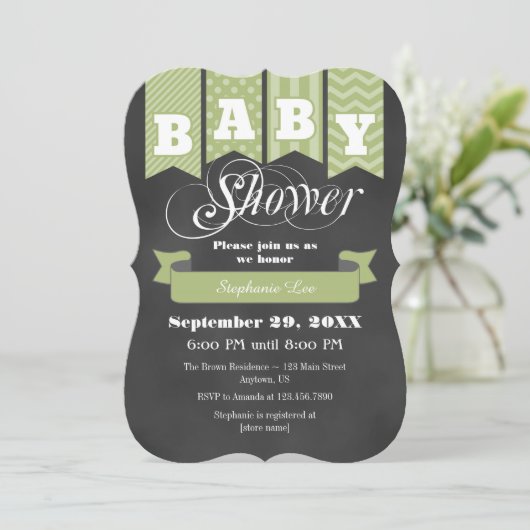 Sage Green Chalkboard Flag Baby shower Uitnodigen Kaart (Staand voorkant)