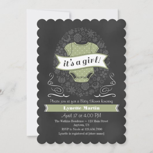 Sage Green Chalkboard Girl Baby shower Invite Kaart (Voorkant)