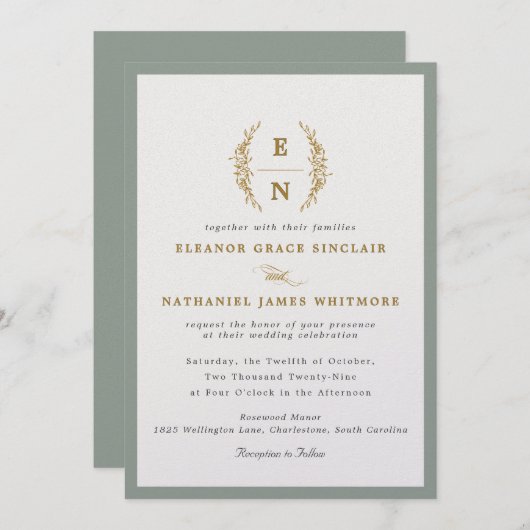 Sage Green & Champagne Gold Monogram Huwelijk Kaart (Voorkant / Achterkant)