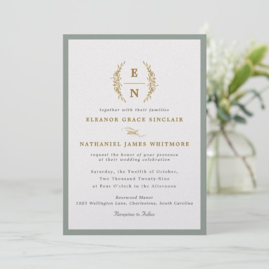 Sage Green & Champagne Gold Monogram Huwelijk Kaart (Staand voorkant)