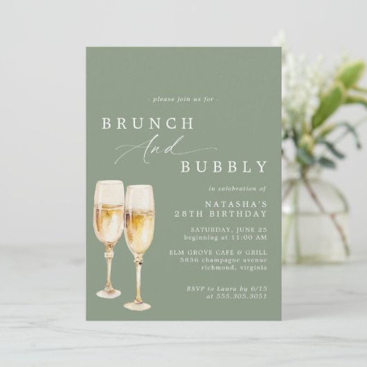 Sage Green | Champagne Verjaardag Brunch & Bubbly Kaart (Staand voorkant)