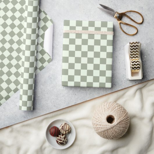 Sage Green Checker Checkerboard Checkered Retro Cadeaupapier (Crafts)