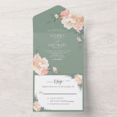 Sage Green Chic Blush Peach Floral Boho Wedding All In One Uitnodiging (Binnen)