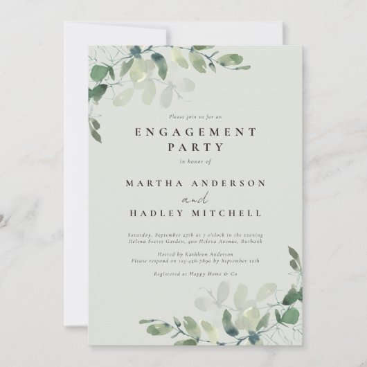 Sage Green Chic Eucalyptus Engagement Party Kaart (Voorkant)