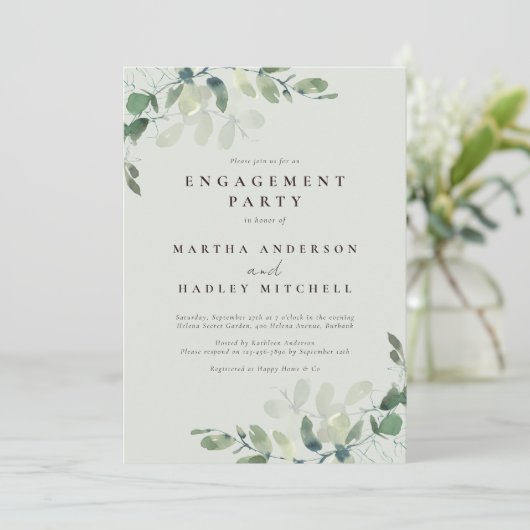 Sage Green Chic Eucalyptus Engagement Party Kaart (Staand voorkant)