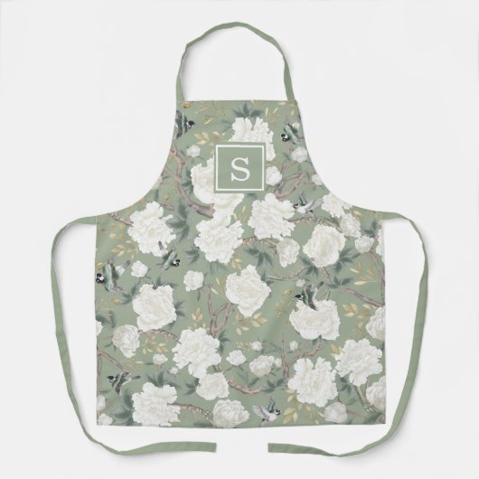 Sage Green Chinoiserie Bird Peony Garden Monogram Schort (Voorkant)