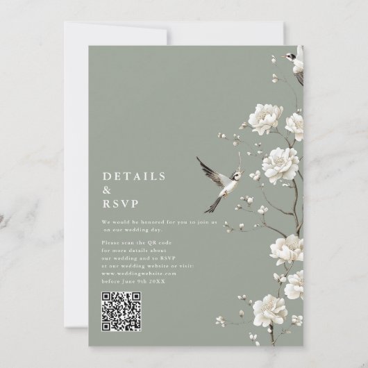 Sage Green Chinoiserie Bloemen QR Code Huwelijk Kaart (Achterkant)
