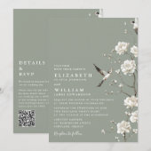 Sage Green Chinoiserie Bloemen QR Code Huwelijk Kaart (Voorkant / Achterkant)