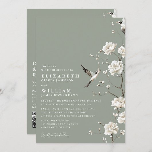 Sage Green Chinoiserie Bloemen QR Code Huwelijk Kaart (Voorkant / Achterkant)