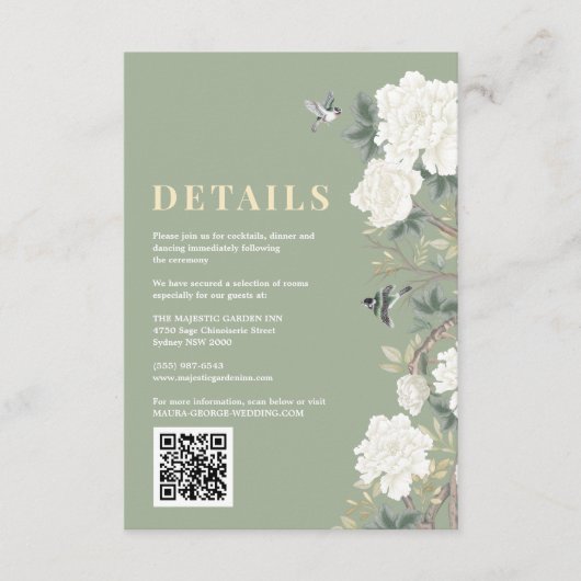 Sage Green Chinoiserie Bloemen Trouwdetails Informatiekaartje (Voorkant)
