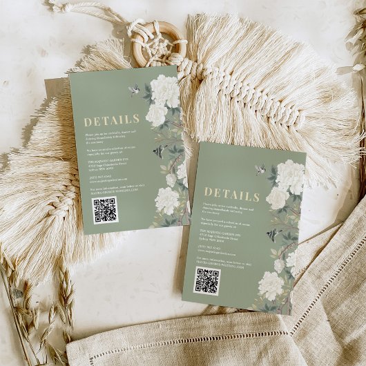 Sage Green Chinoiserie Bloemen Trouwdetails Informatiekaartje