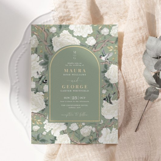 Sage Green Chinoiserie Bloementuin Trouwen Kaart