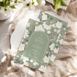 Sage Green Chinoiserie Bloementuin Trouwen Kaart