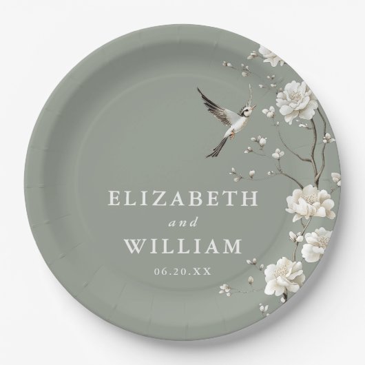 Sage Green Chinoiserie Bloementuin Trouwen Papieren Bordje (Voorkant)