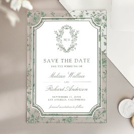 Sage Green Chinoiserie Crest Wedding Save the Date Acryl Uitnodigingen