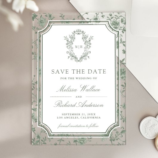 Sage Green Chinoiserie Crest Wedding Save the Date Acryl Uitnodigingen