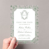 Sage Green Chinoiserie Crest Wedding Save the Date Acryl Uitnodigingen (Insitu (Draagbaar))