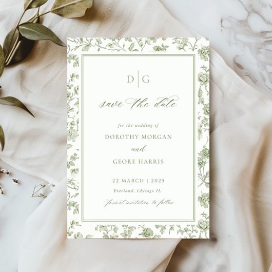 Sage Green Chinoiserie Flat Save the Date Kaart