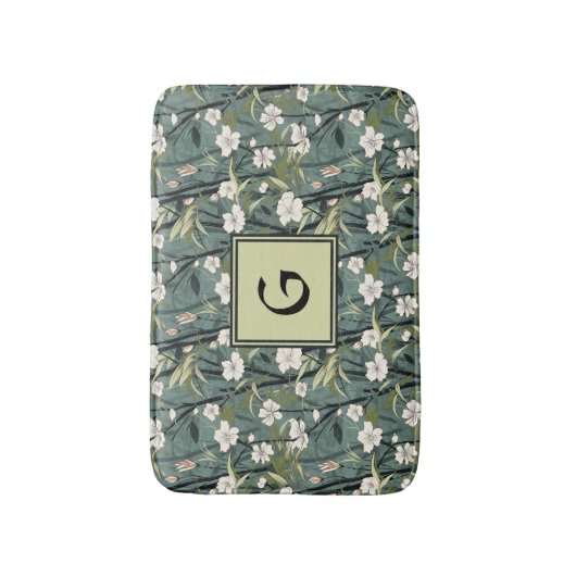Sage Green Chinoiserie Floral White Initial Badmat (Voorkant Verticaal)