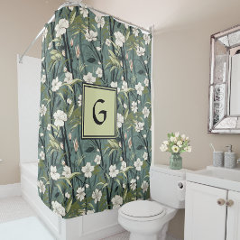 Sage Green Chinoiserie Floral White Initial  Douchegordijn
