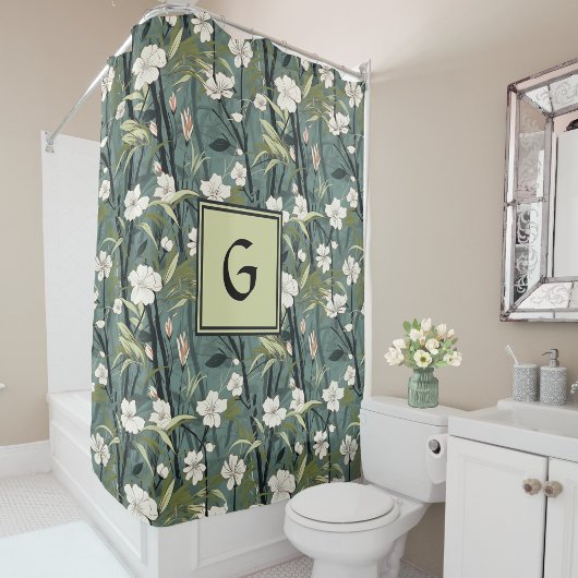 Sage Green Chinoiserie Floral White Initial  Douchegordijn