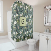 Sage Green Chinoiserie Floral White Initial  Douchegordijn (In situ)