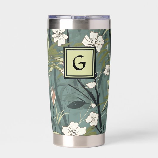Sage Green Chinoiserie Floral White Initial  Geïsoleerde Drinkbeker (Achterkant)