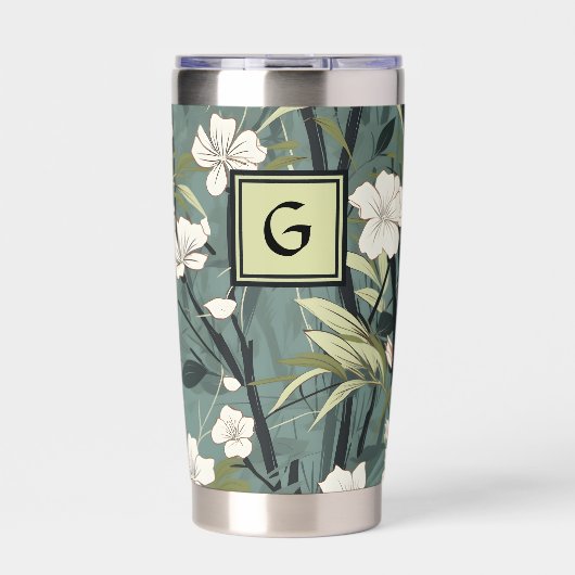 Sage Green Chinoiserie Floral White Initial  Geïsoleerde Drinkbeker (Voorkant)