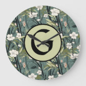 Sage Green Chinoiserie Floral White Initial  Grote Klok (Voorkant)