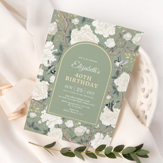 Sage Green Chinoiserie Floral Women 40th Birthday Kaart