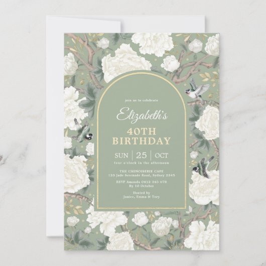 Sage Green Chinoiserie Floral Women 40th Birthday Kaart (Voorkant)