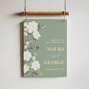 Sage Green Chinoiserie Flower Bird Wedding Welkom Poster