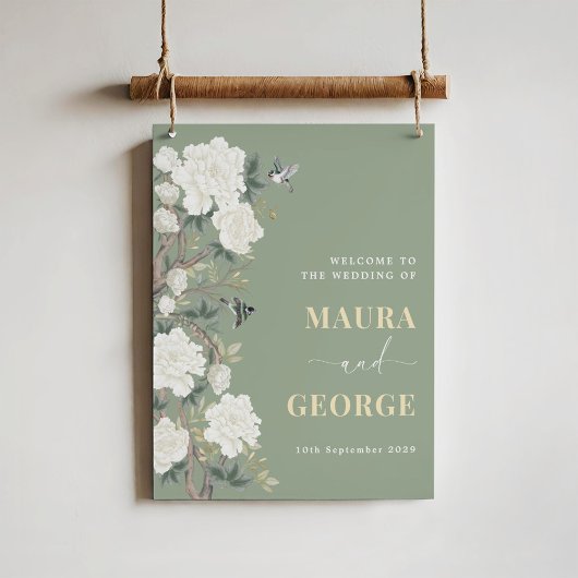 Sage Green Chinoiserie Flower Bird Wedding Welkom Poster