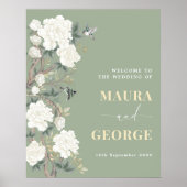 Sage Green Chinoiserie Flower Bird Wedding Welkom Poster (Voorkant)