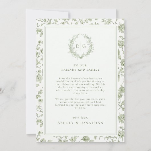Sage Green Chinoiserie Fotobruiloft Bedankkaart (Achterkant)