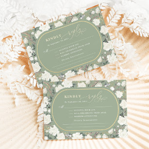 Sage Green Chinoiserie Ivory Flowers Wedding RSVP Kaart