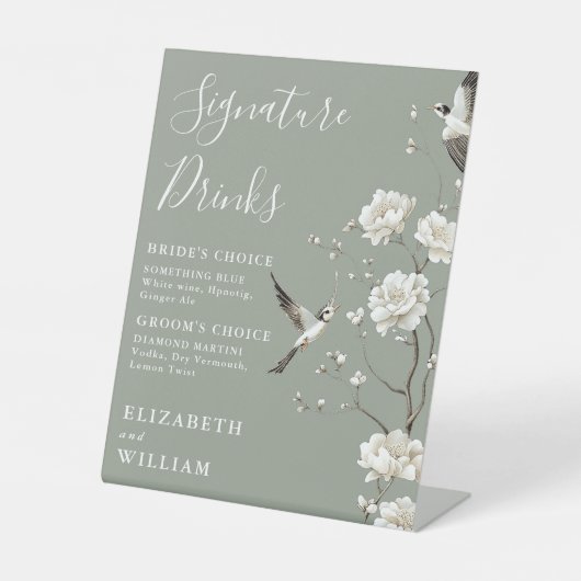 Sage Green Chinoiserie Signature Drink bruiloft Reclamebord Met Voetstuk (Voorkant)