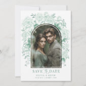 Sage Green Chinoiserie Vogelpioen Save the Date Kaart (Voorkant)